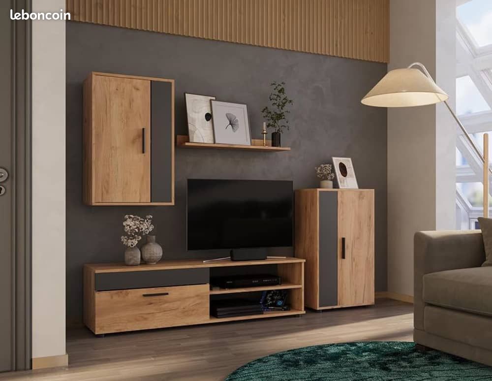 Ensemble Mural TV Design – Lot de 4 Éléments – Chêne de Force Doré & Anthracite – Meuble Bas, Buffet, Armoire Suspendue & Étagère (image 3)