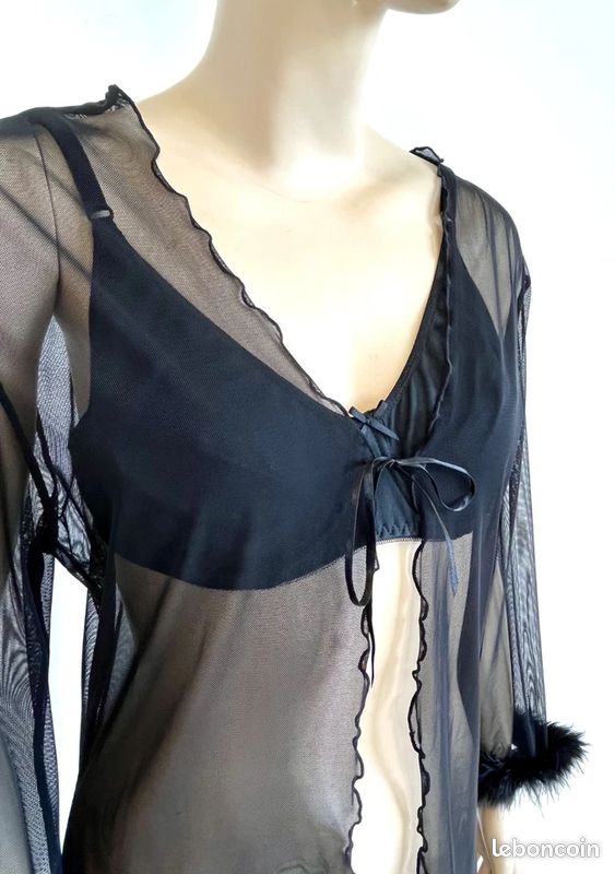 Kimono T40/42 peignoir voile noir transparent Orcanta poignets à plumes 607/ (image 3)