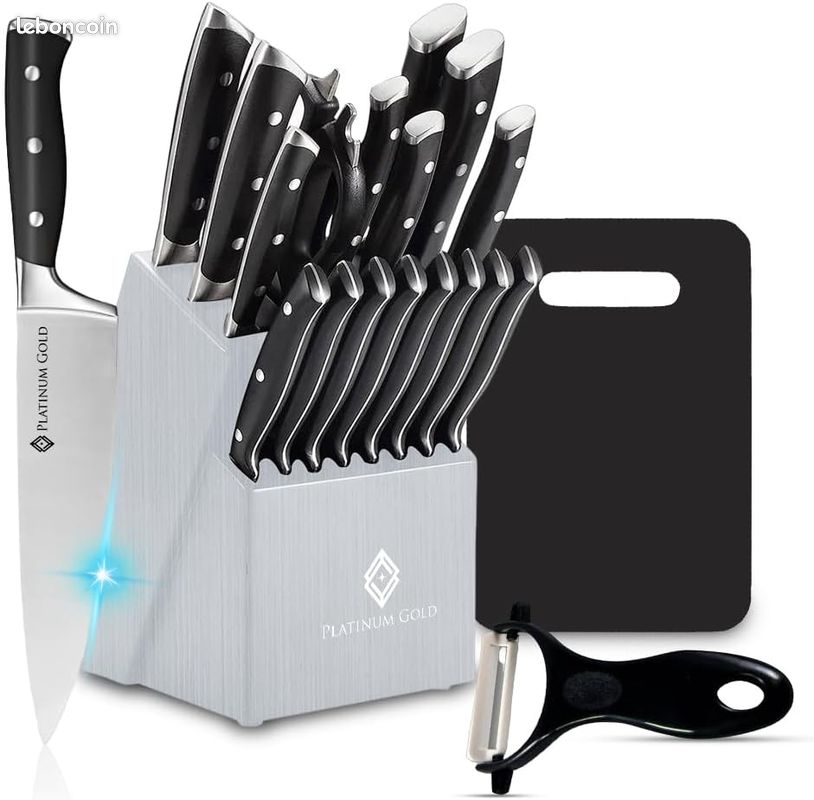 Bloc De 14 Couteaux De Cuisine D.Perlla Avec Affûteur Intégré - Acier Inoxydable, Manche Noir, Bloc Bois