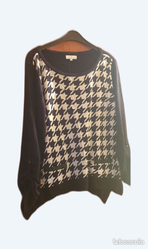 Pull laine noir et motifs géométriques blanc cassé (image 1)