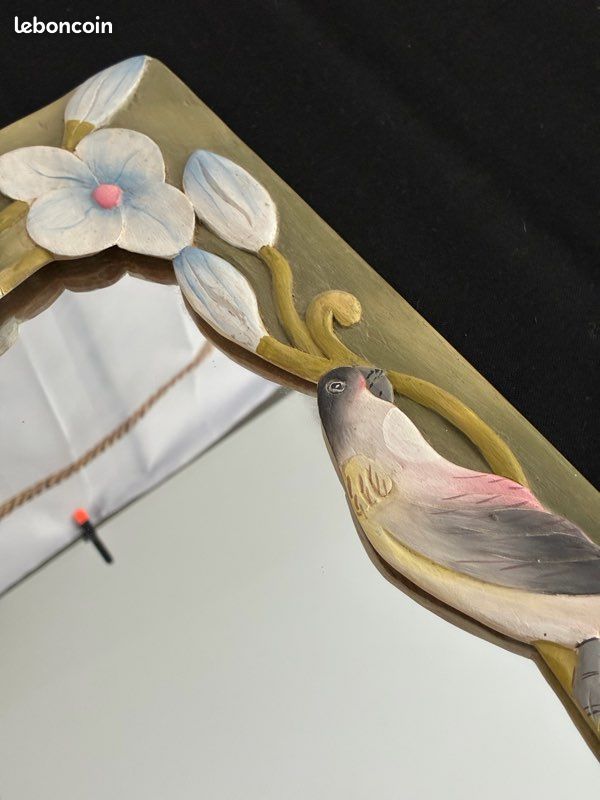 Miroir vintage en bois sculpté oiseau et fleurs (image 10)