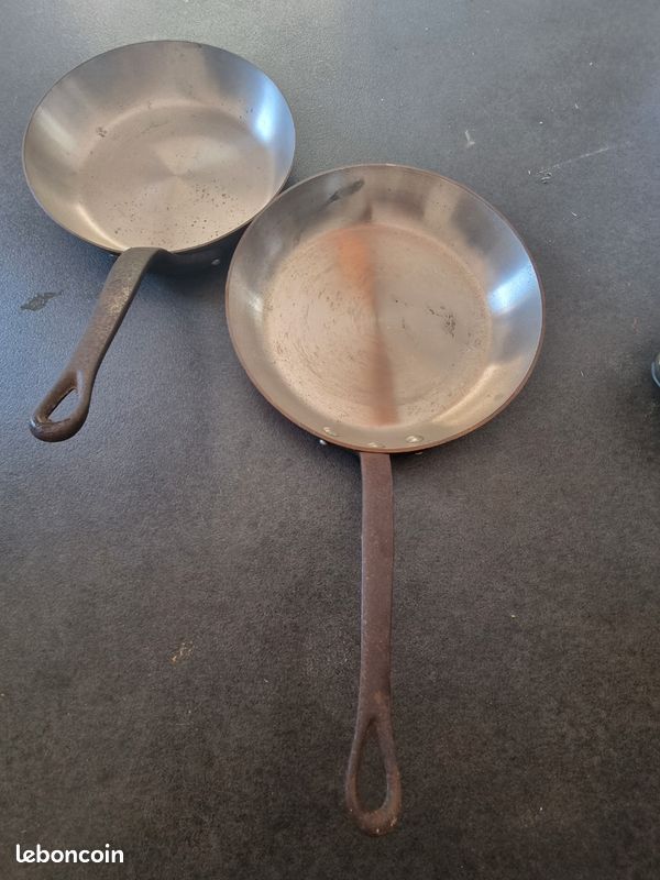 Pour restaurant lot de 2 poêles cuivre massif étamé pro (image 1)