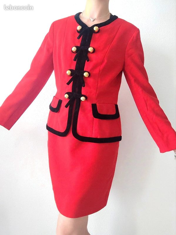 Tailleur Veste Et Jupe 100% Laine Vierge Georges Rech - Taille 38 - Rouge - Boutons Bijoux - Neuf
