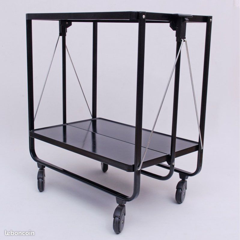 Chariot à Boissons Pliable Vintage – Formica Marron Et Chromé – Années 70 – Hollande