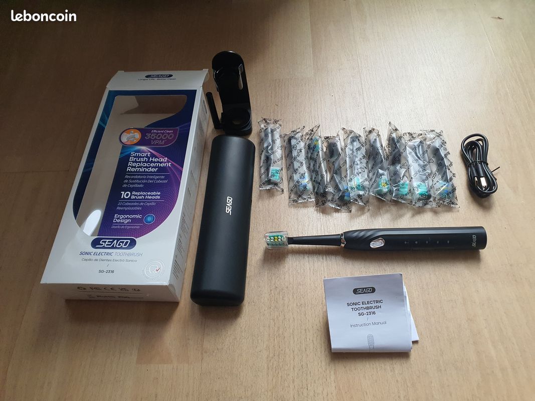 Jolie brosse à dents électrique sonique Seago SG-2316 noire, 9 têtes de  brosse, 35 000 vibrations / minute, minuteur, chargement USB-C, 3 modes de  brossage, 2 types de tête de brosse