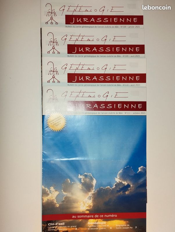 Lot de 4 revues "Généalogie Jurassienne" du CGAEB (Suisse) n° 108, 109, 110, 111 (année 2021) (image 1)