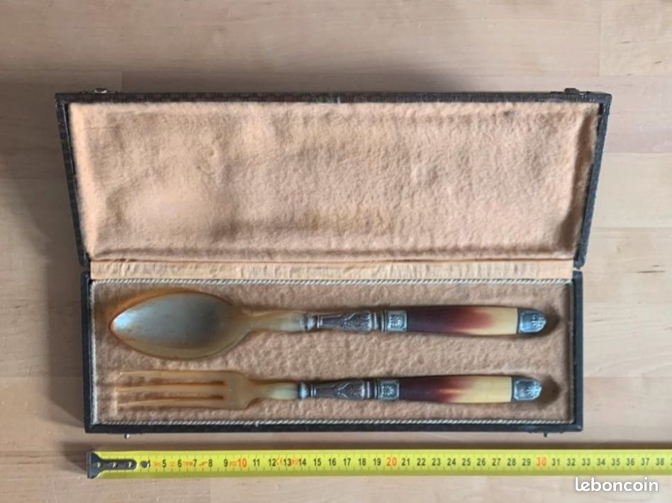 Couverts à salade en os et métal plaqué argent, ancien vintage (image 1)