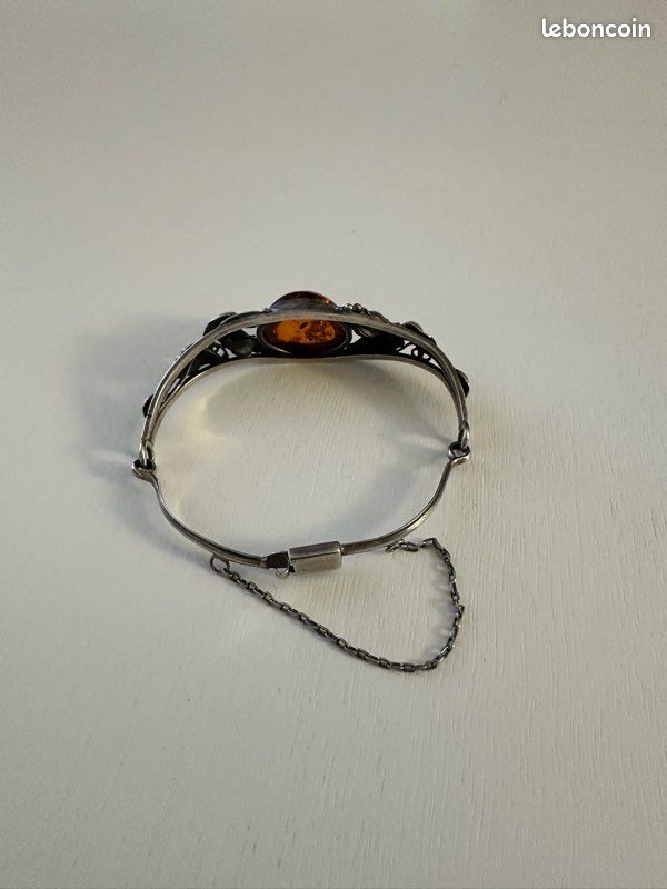 Bracelet Ancien En Métal Argenté Avec Pierre Ambre, Style Années 50, Occasion Vintage