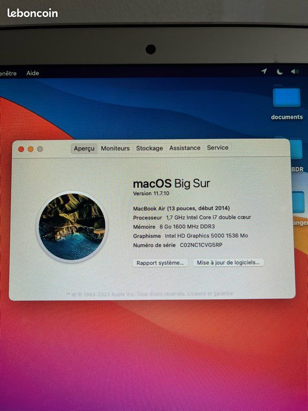 MacBook Air 13” (début 2014) – i7, 8 Go RAM, 256 Go SSD – Très bon état (image 3)