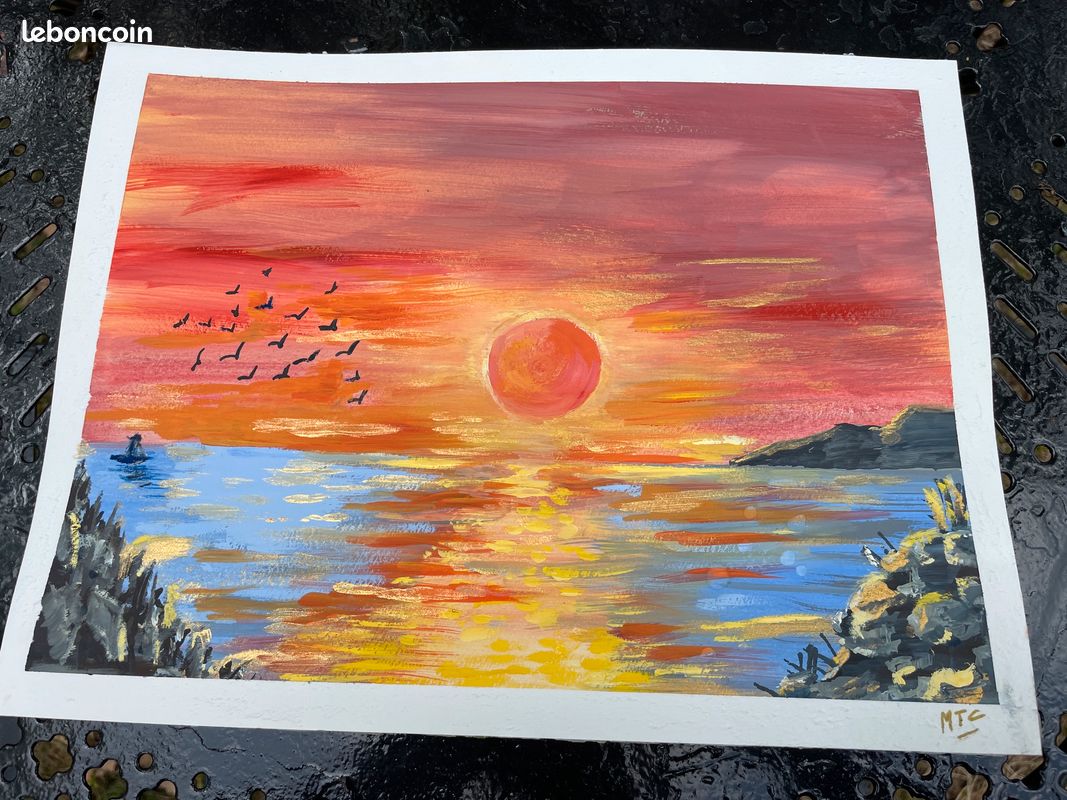 Peinture originale signée , coucher du soleil sur la mer, 24x32 (image 4)