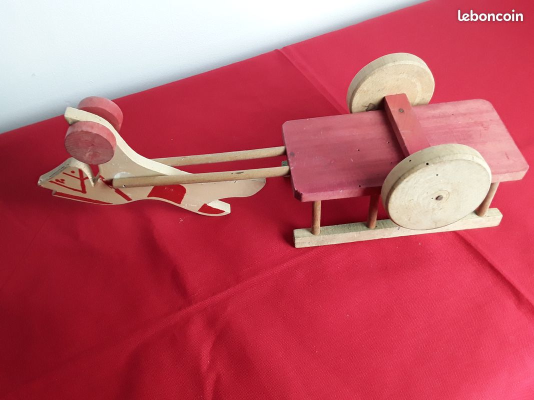 Ancien Jouet En Bois : Cheval Avec Sa Charrette De Transport – Vintage