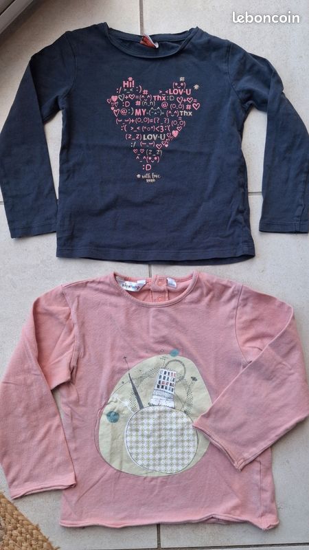 Lot de 2 tee shirt coton manches longues rose/marine 4 ans - Vêtements