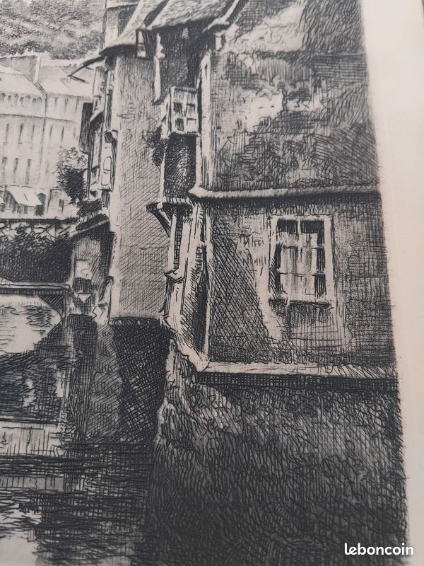 Gravure - Quimper, vieilles maisons sur le Steïr - Signé ROBIN (image 6)
