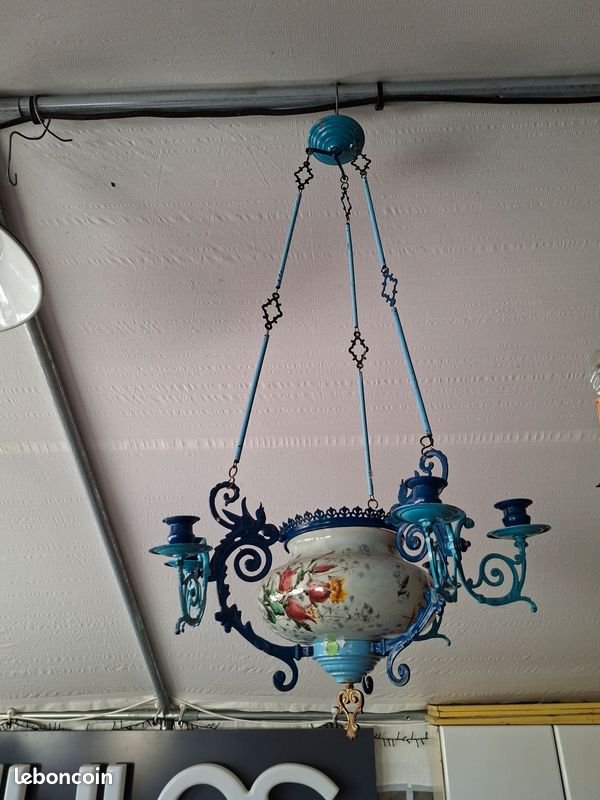 Lustre ancien en métal bleu avec abat-jour peint à la main (image 2)