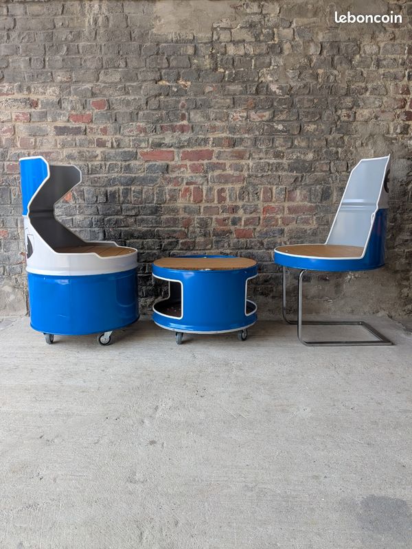 Siège / chaise fut métal elf bleu et blanc / look garage atelier / huile mécanique (image 2)