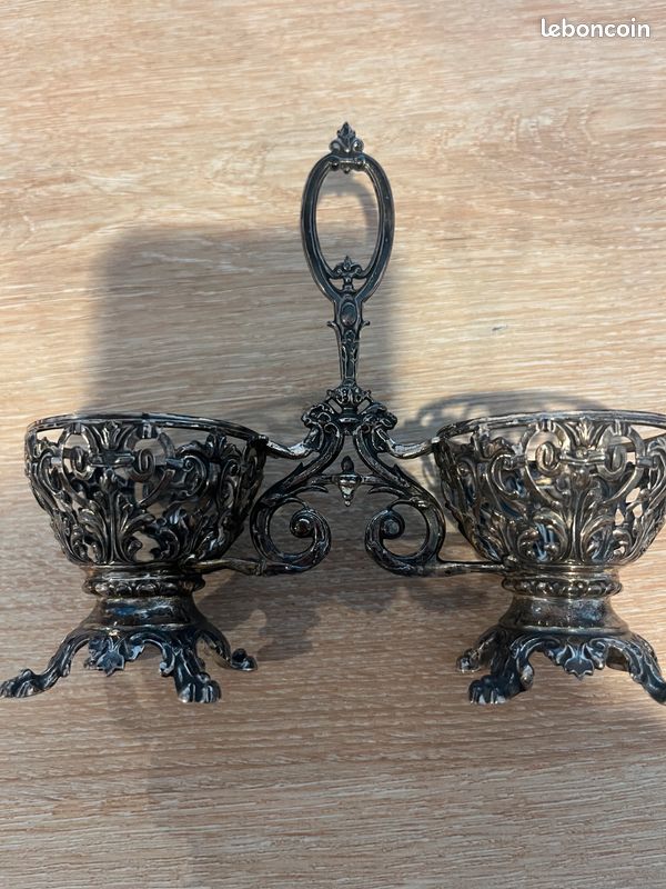 Plateau De Service Double Coupelle En Métal Argenté Mat - Pièce Vintage 1940-1960