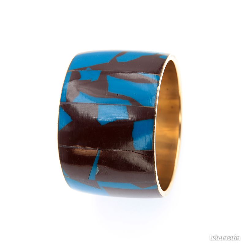 Large bracelet manchette vintage années 70 en laiton et résine bleue et marron, motif abstrait graphique, bijou design statement (image 4)