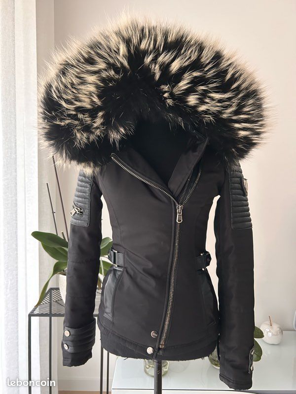 Veste En Cuir Italien Pour Garçon Avec Capuche à Garniture Fourrure Véritable - Taille 7-8 (4XL) - Noire - Neuve Sans étiquettes