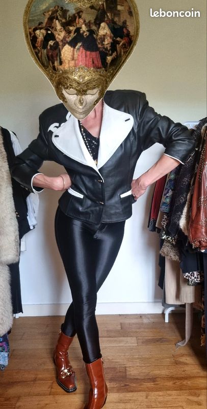 Veste en cuir vintage 80's 90's cintrée col contrastant maroquinier taille M (image 7)