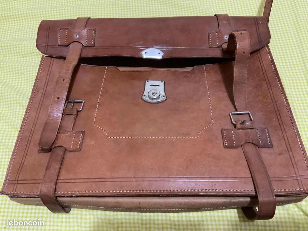 Sacoche Cartable Vintage Tout Cuir Gérard Henon Paris - Noir - Doublure Cuir - Occasion
