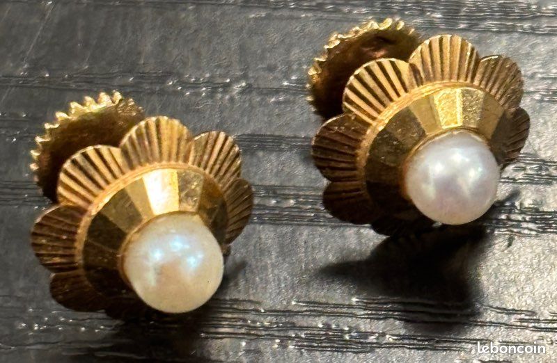 Paire De Boucles D’oreilles En Or 18 Carats Avec Perle - Occasion, Or 750/1000, Pierres Rubis Et Diamant