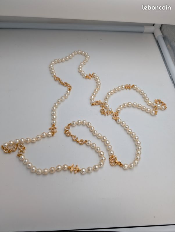 Sautoir Doré Vintage Avec Bouquets De Perles En Verre Nacré Et Strass - Collier Long Occasion