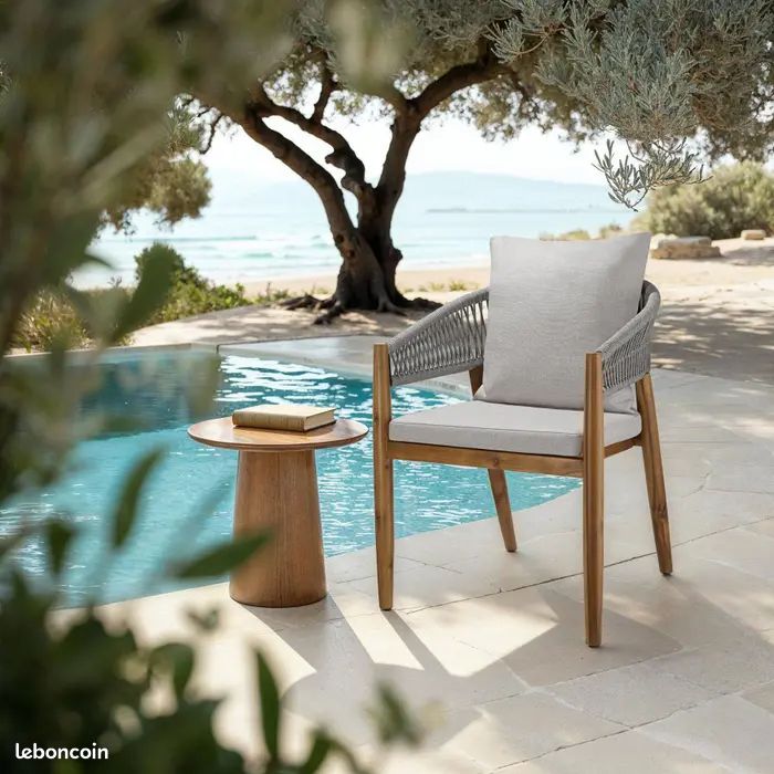 Lot de 2 chaises de jardin en bois d'acacia avec dossier corde - Grège (image 3)