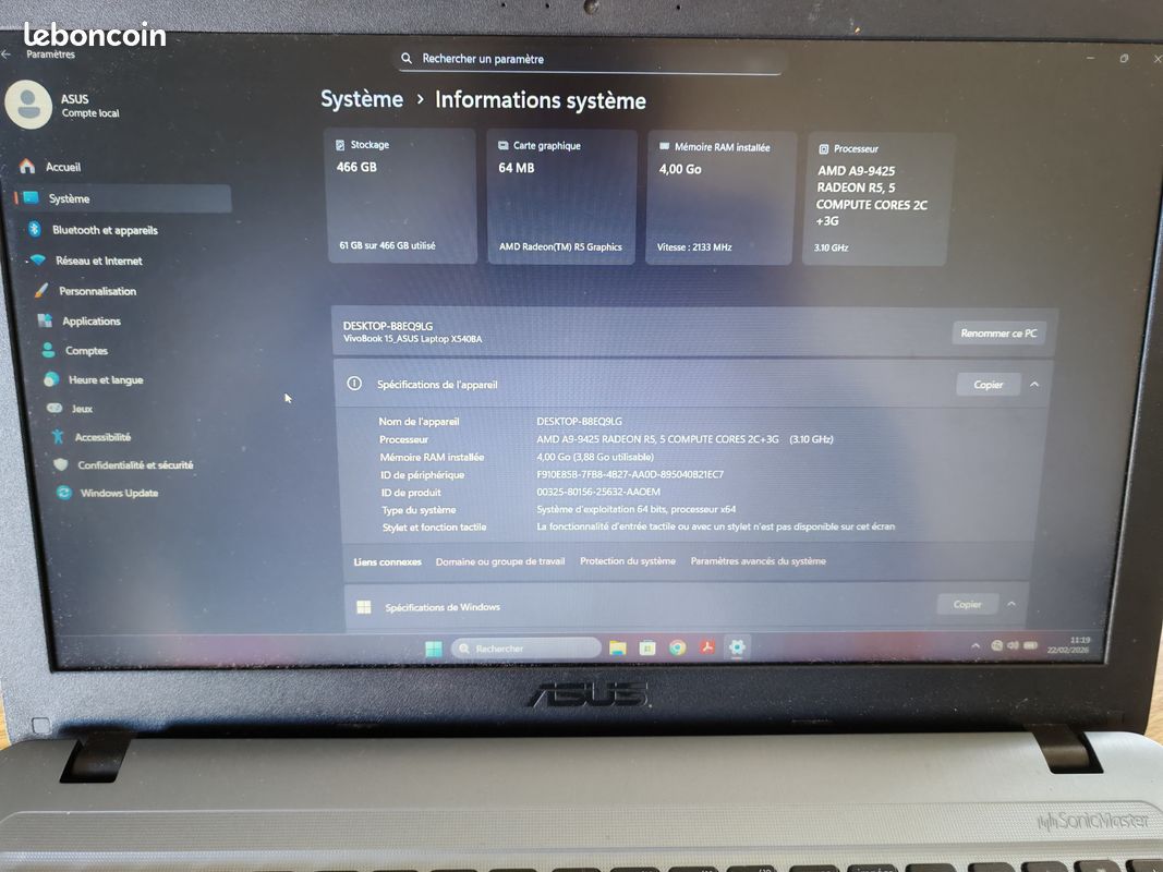 PC Portable ASUS X540BA - 15,6" - AMD A6 - 4 Go RAM - 500 Go - Windows 11