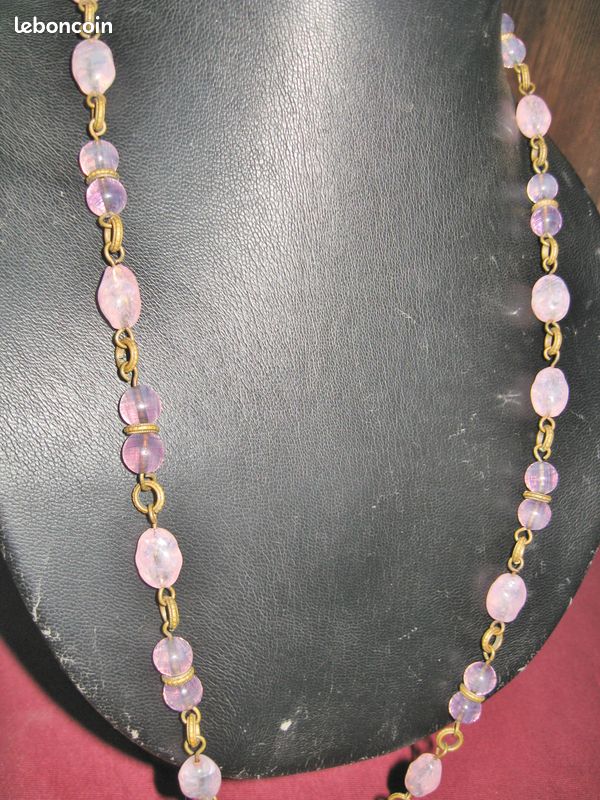 Collier Vintage En Perles De Verre Noir Et Rose - Occasion En Bon État - Bijou Rétro