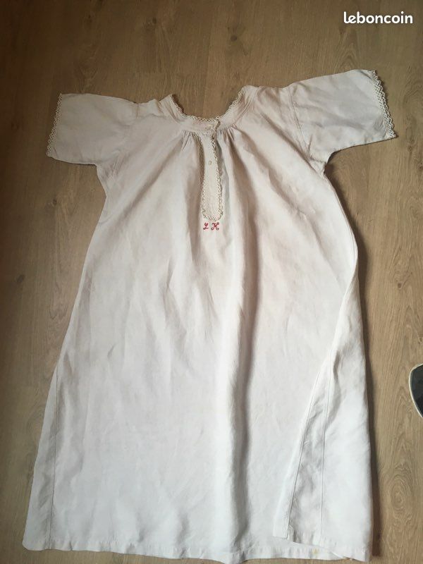 Ancienne Chemise De Nuit Lin Et Coton Brodée Main Monogrammée Années 50 Beige Clair