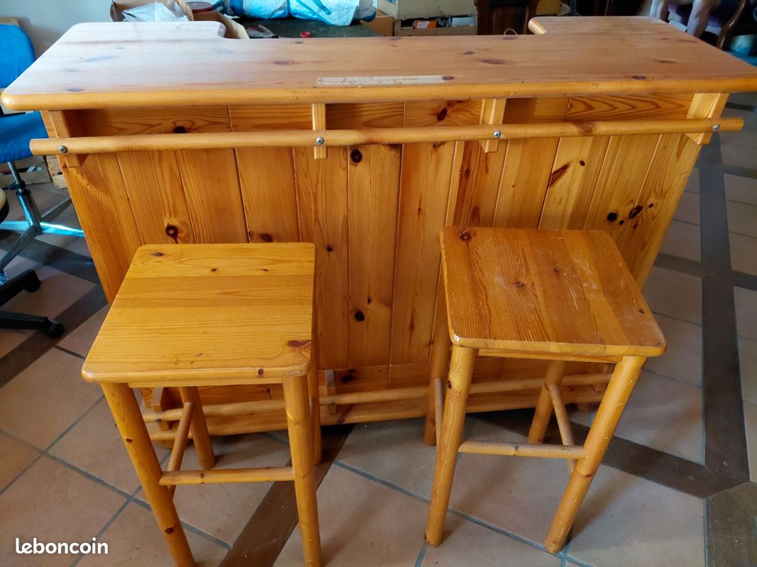 Bar et 2 tabouets hauts en pin (image 1)