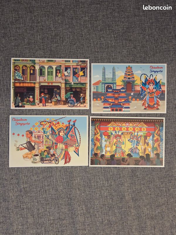 Lot 4 cartes postales de Singapour quartier Chinatown neuves (image 1)