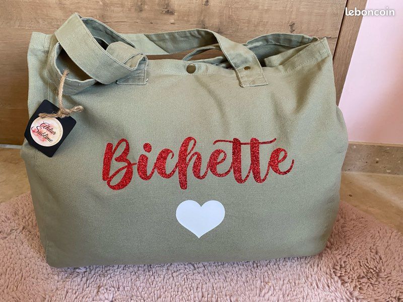 Sac personnalisé coton délavé bichette paillettes cœur (image 1)
