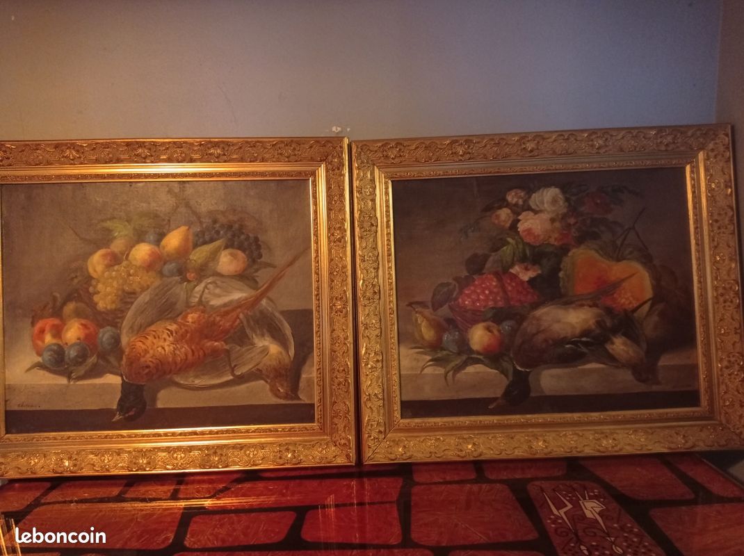 Paire tableau ancien reentoiler 'signer'dimension57-48 (image 1)