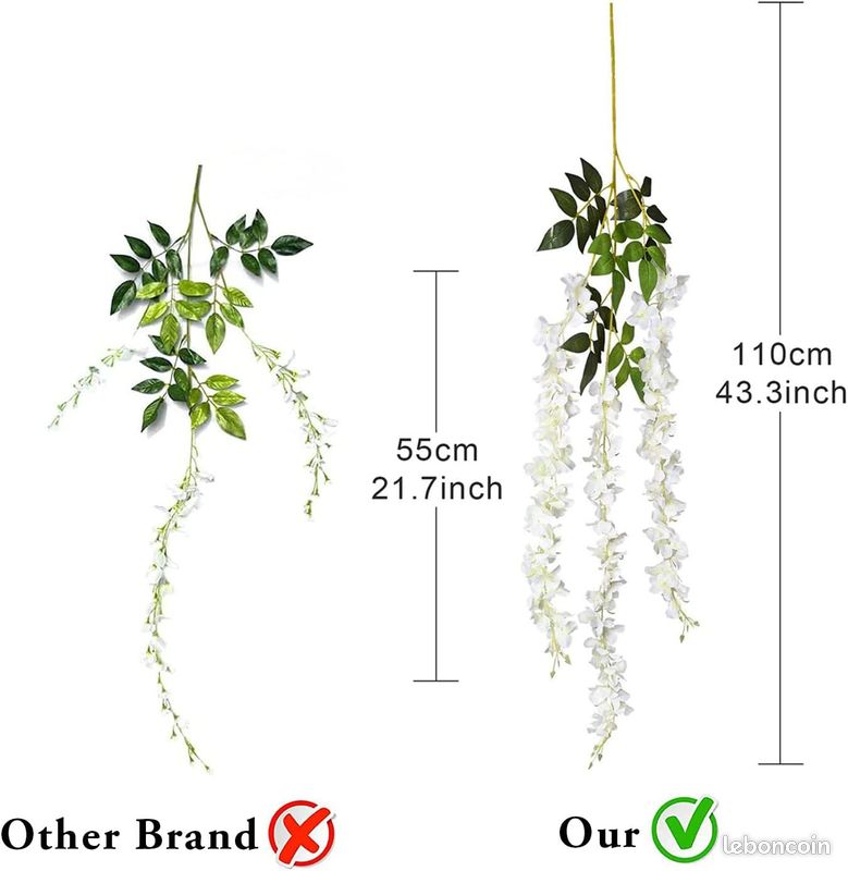 2pcs Guirlande Glycine Artificielle Blanche 2M - Vigne Fleurs Suspendue Mariage, Décoration Maison Jardin