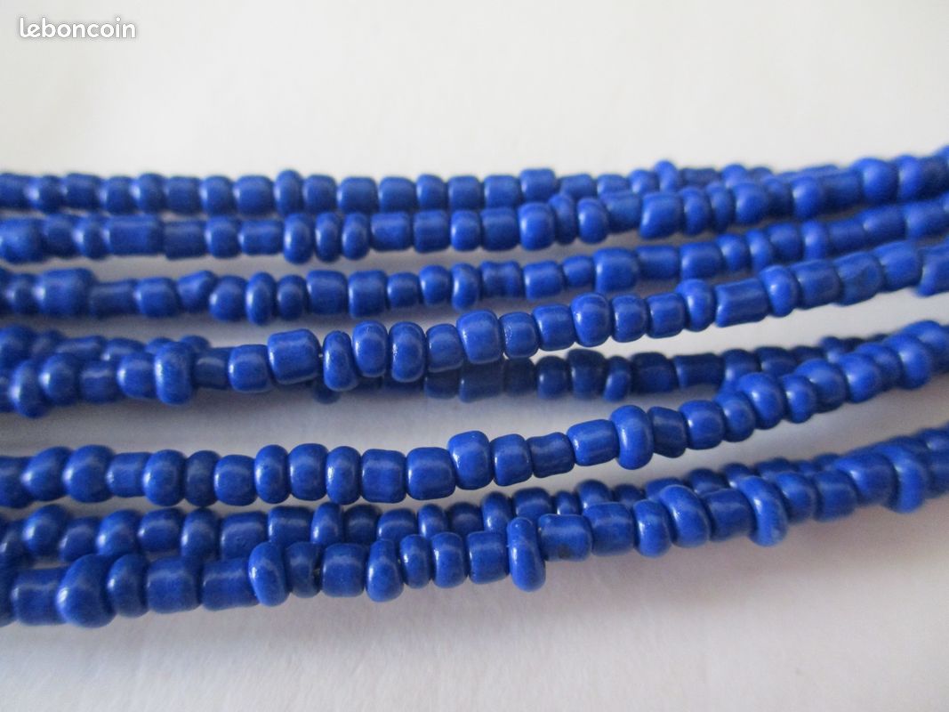 Collier Vintage Perles Pâte De Verre Bleue Opaline - Confection France, Occasion