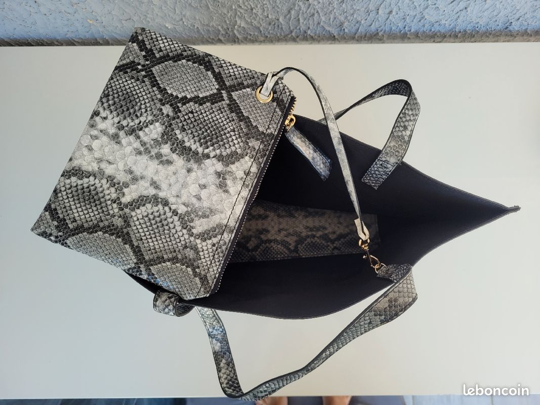 Sac à main avec sa pochette, simili cuir, effet peau de serpent, blanc gris noir (image 3)