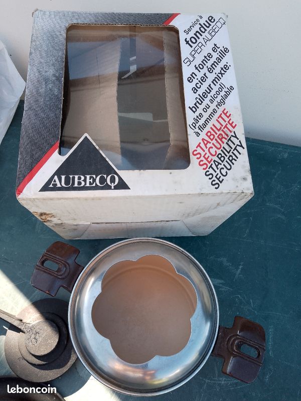 Service à fondue Aubecq pied en fonte caquelon en email decor Chaume avec 4 raviers gris (image 7)