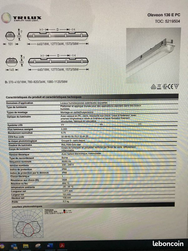 Réglette étanche TRILUX OLEVEON 136 E PC - Support néon tube fluorescent (image 4)