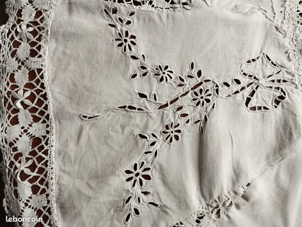 Nappe Ancienne Brodée Main 165x265 + 12 Serviettes - Métis Blanc