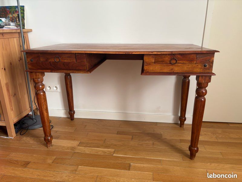 Bureau colonial acacia brun 2 tiroirs L120 cl X 60 cm (image 2)