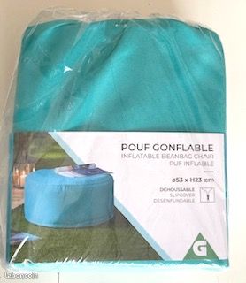 Pouf gonflable d'extérieur - NEUF - 53 cm de diamètre et 23 cm de haut - Résistant aux intempéries - Coussin de sol pour piscine - déhoussable - couleur aqua (image 1)