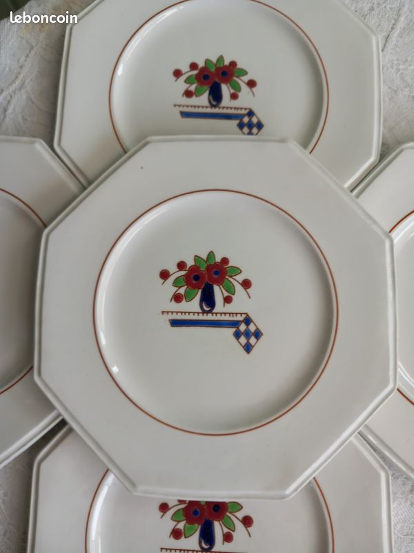 Suite 5 Assiettes Longwy – Modèle Ketty – Art Déco Japonisant – État D'origine