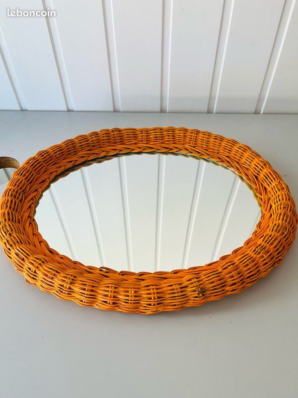 Miroir Ovale en Osier Tressé Orange Vintage Années 70 (image 9)