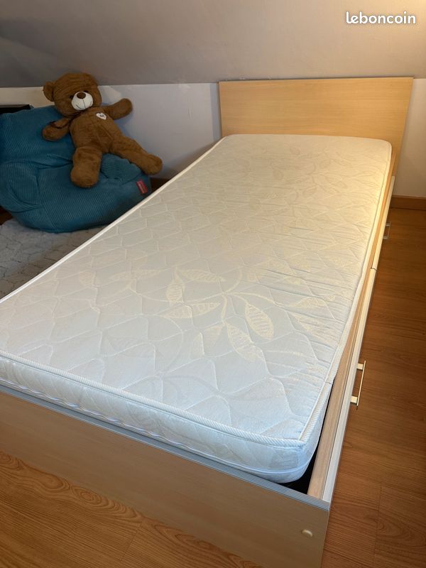 Lit 190*90 avec tiroirs + sommier + matelas (image 1)