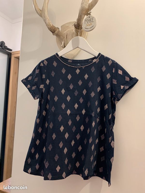 Tee-shirt forme trapèze bleu marine à motifs losanges - Taille 10 ans - abcd'R - TBE (image 1)