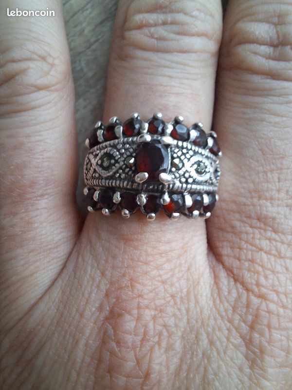 Bague Vintage En Argent Avec Grenats Et Marcassites - Taille 54, Style Victorien
