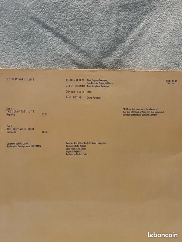 Album vinyle Keith Jarrett «  The Survivors’ Suite » (image 2)