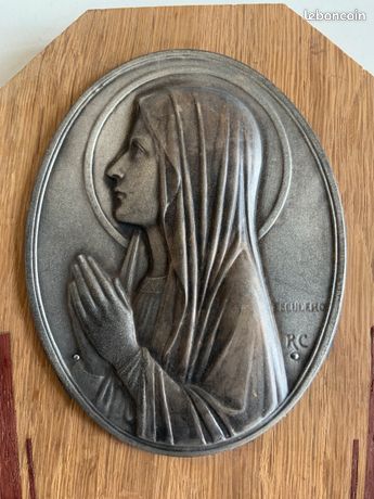 Ancien bénitier onyx cuivre médaillon, signé ESCUDERO,Jésus, catholique