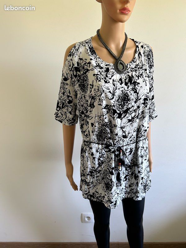 Tunique noire et blanche à manches courtes taille L/XL TBE (taille petit) (image 2)